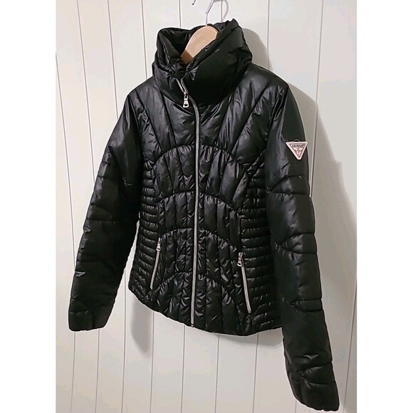 Guess Jacket Womens Medium Black Puffer Quilted Stand Collar Full Zip Pockets - Picture 3 of 11